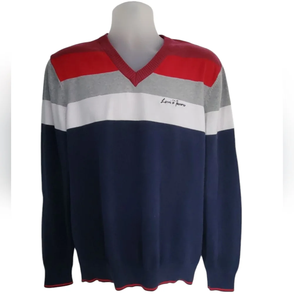 Levi's Men's V-neck Red White and Blue Stripe Sweater. XXL.